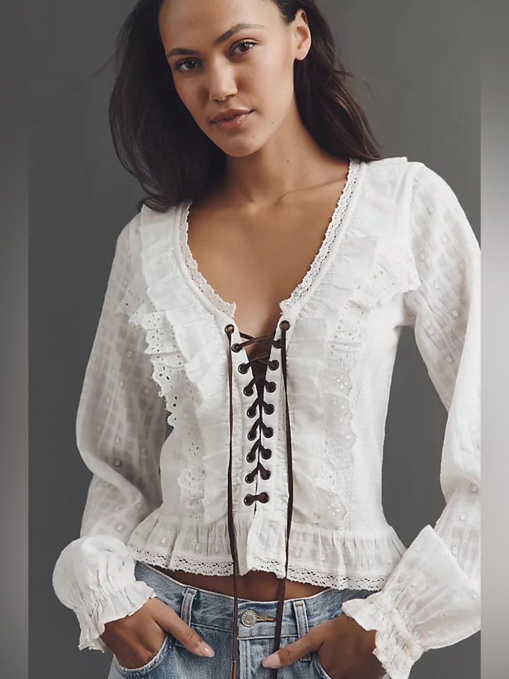 Pilcro eyelet ruffle long-sleeve blouse